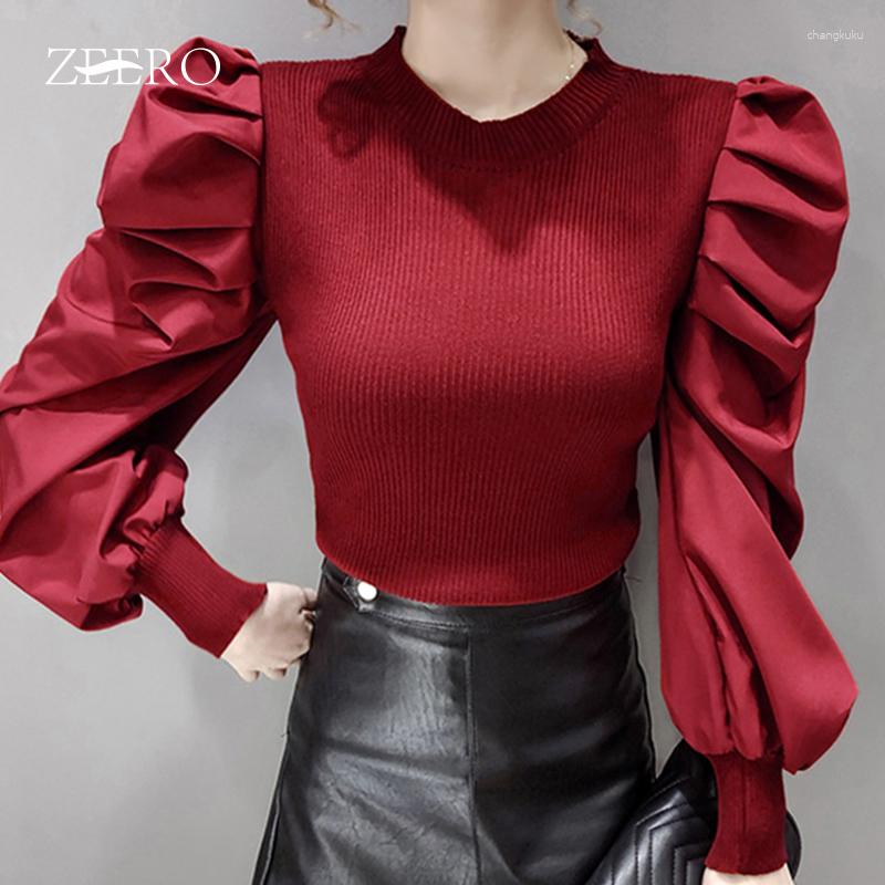 

Women' Sweaters Winter Women Christmas Knitting Splicing Stand-up Collar Puff Sleeve Sweater Top Female Solid Color Loose Base Pullover, Black