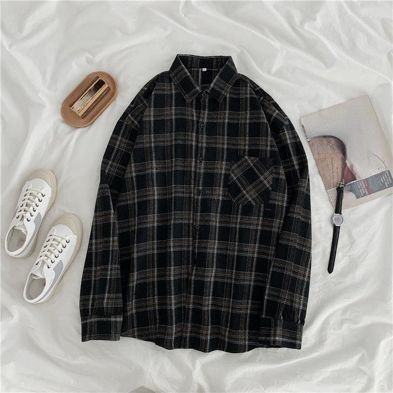 

Women's Blouses HOUZHOU Vintage Plaid Shirt Women Oversized Korean Fashion Casual Long Sleeve Blouse Female Aesthetic Streetwear Clothes, Khaki
