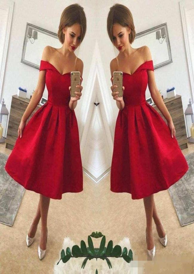 

2018 Simple Red Off The Shoulder Satin A Line Short Party Dresses Ruched Knee Length Short Homecoming Cocktail Prom Gowns8790649, Champagne