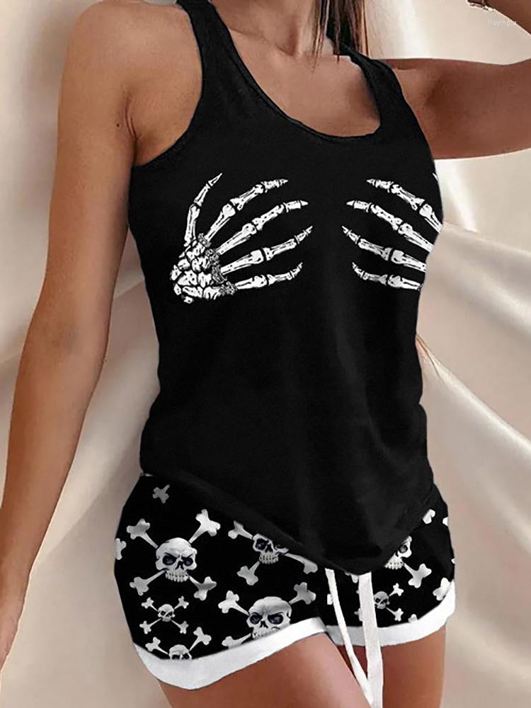 

Women' Tracksuits Skeleton Hand Halloween Party Club Costumes Female Sleeveless Top And Shorts Two Piece Set Summer Women Casual Loose, 01 print