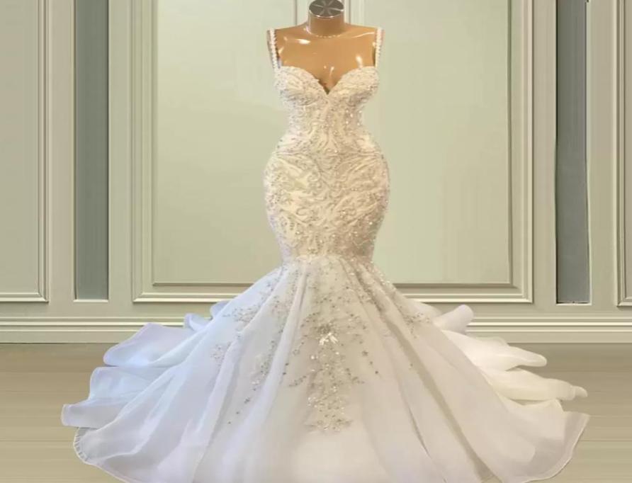 

2022 African Spaghetti Strap Mermaid Wedding Gowns Beaded Embroidery Lace Wedding Dresses Sweep Train Organza Bridal Gown Formal R7411653, Nude