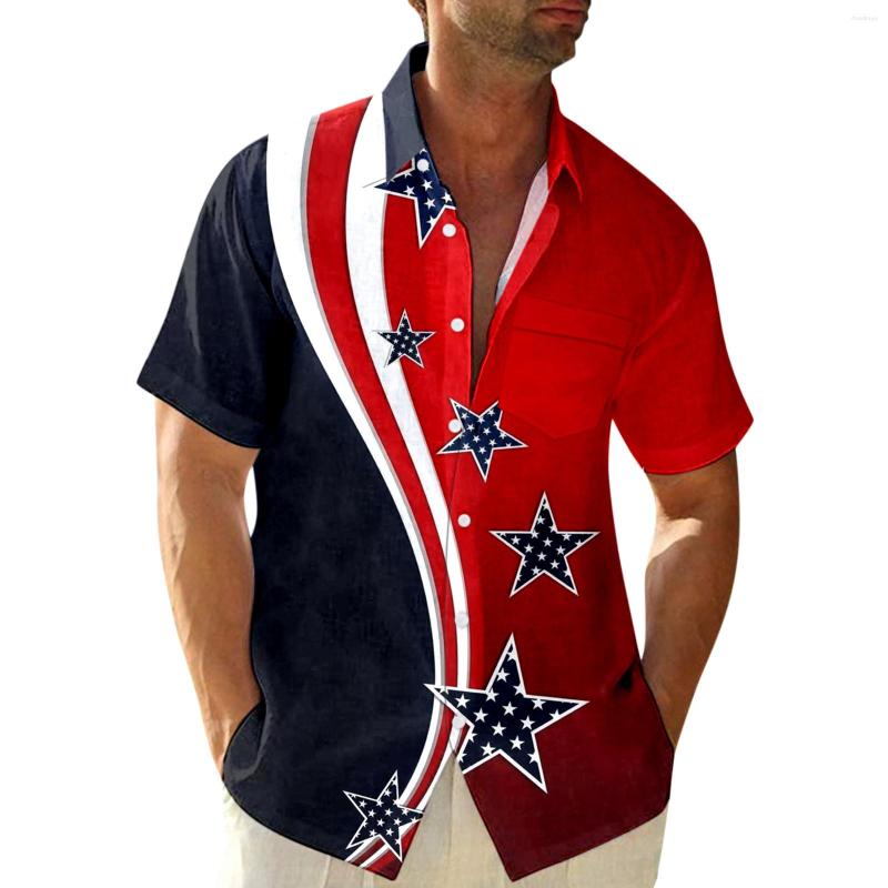 

Men's Casual Shirts Color Block Shirt Lapel Collar Independence Day Short Sleeve Star Print For Men Patriotic Camisas Blusas Tops, Purple