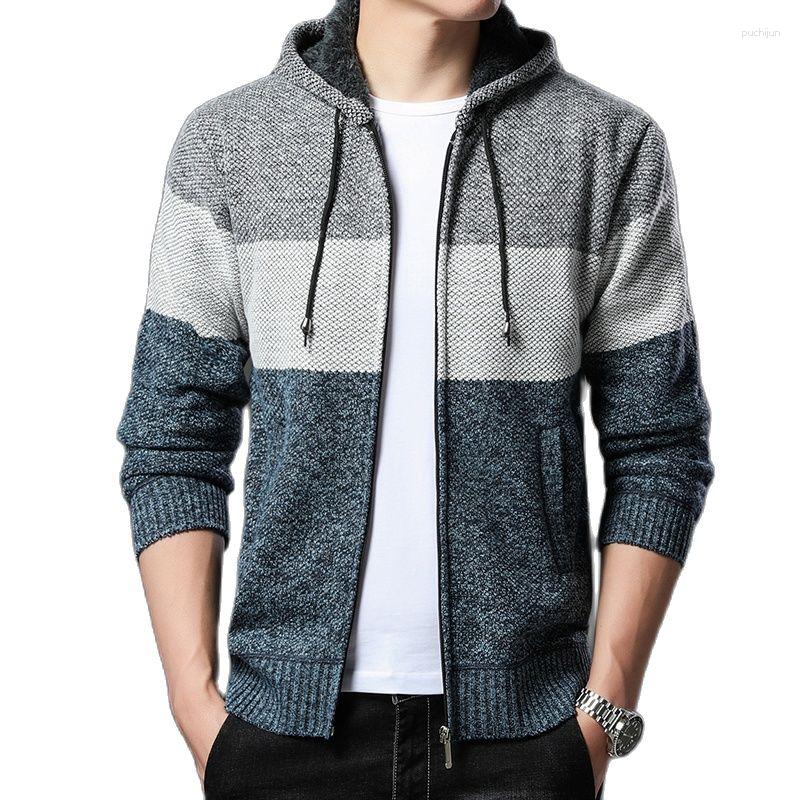 

Men's Sweaters Autumn/Winter Korean Style Men Cardigan Men's Hooded Thickened With Velvet Sweater Coat Patchwork Knitted Jacket Male, Zq