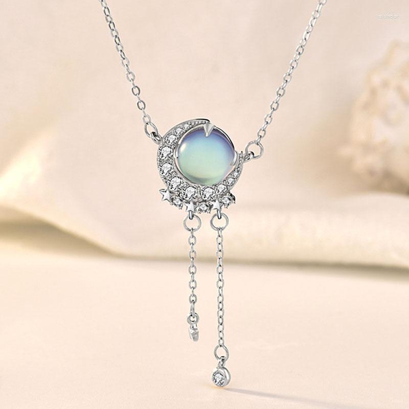 

Pendant Necklaces Sterling Silver Zircon Moon Star Moonstone Necklace Female European Style Fashion Tassel Clavicle Chain BoutiquePendant Go