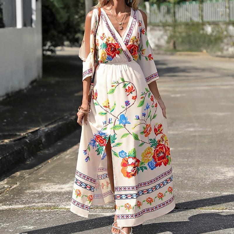 

Casual Dresses Summer Fashion V Neck Party Beach Dress Bohemia Floral Print Women' Sexy Slit Hollow Out 3/4 Sleeve Long, 02