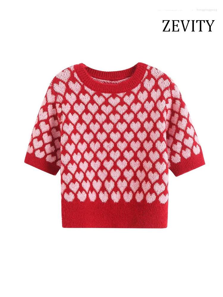 

Women' Sweaters ZEVITY Women Fashion Heart Jacquard Crop Knit Sweater Vintage O Neck Short Sleeve Female Pullovers Chic Tops SW3667, Bb sw3667
