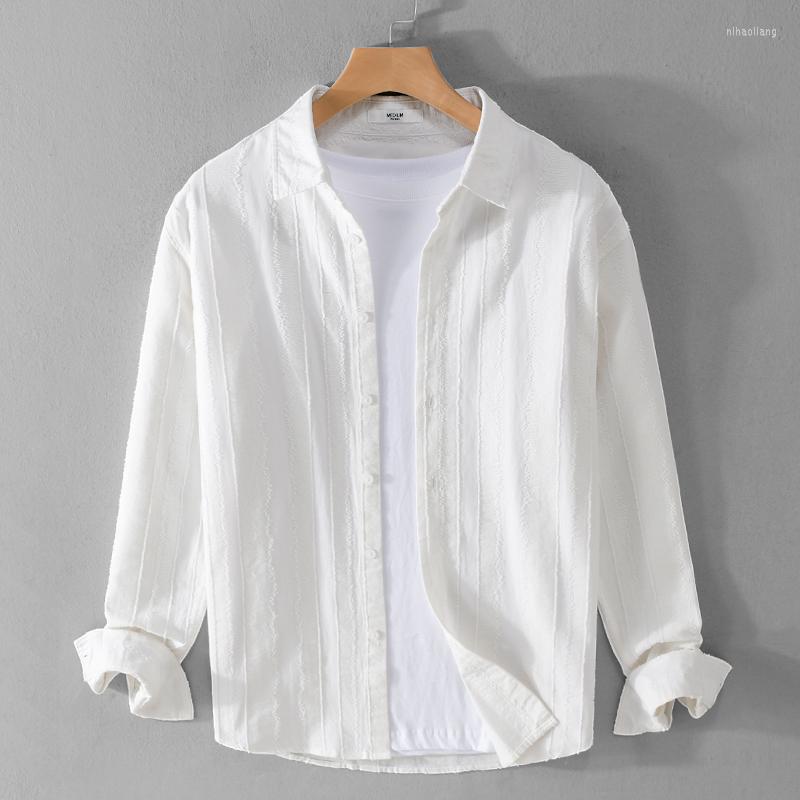 

Men's Casual Shirts Long-sleeve Cotton Linen Quality Brand For Men Fashion Comfortable Three-dimensional Jacquard Tops Clothing Camisa, White