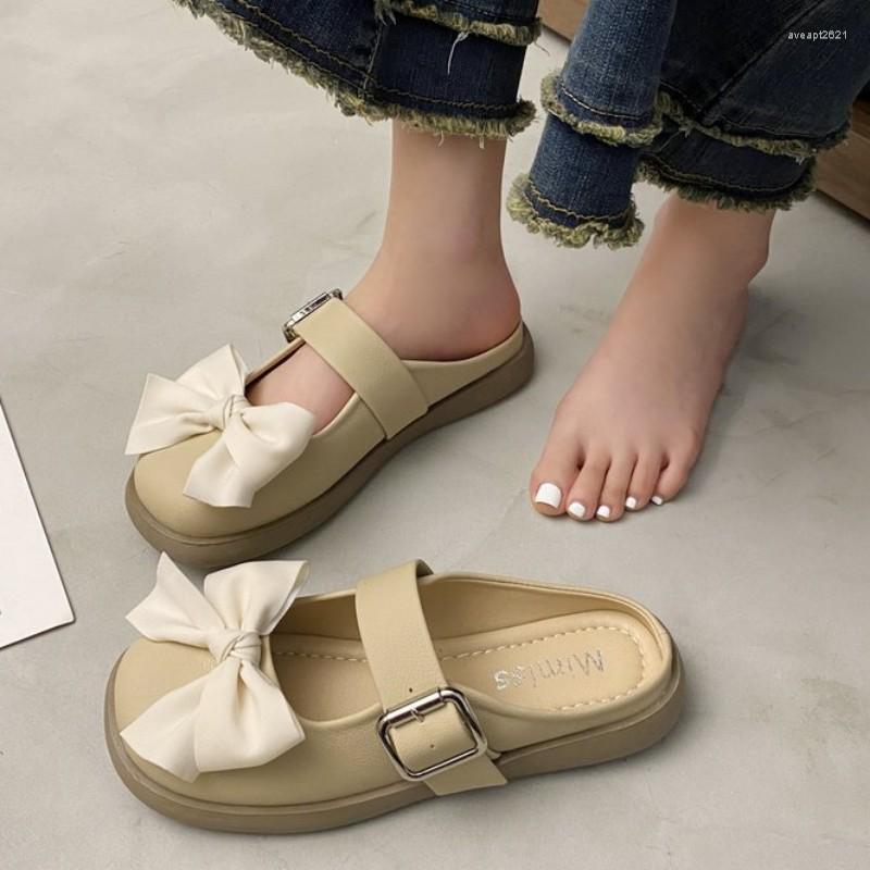 

Slippers Bow Women Summer Sweet Buckle Shoes Mules Sandals 2023 Flats Dress Party Slingbacks Flip Flops Slides, Beige