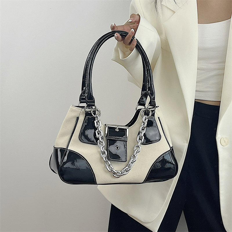 

Evening Bags Vintage Sweet Cool Girls Canvas Underarm Bag Patent Leather Women's Metal Chain Shoulder Crossbody Bags Y2k Tote Purse Handbags 230627, Beige