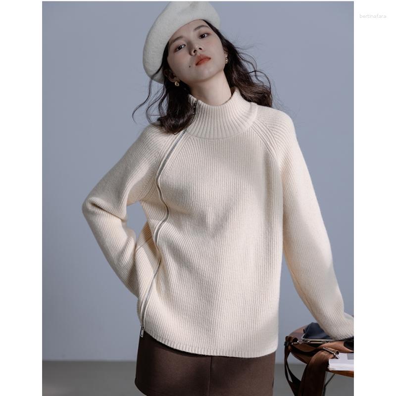 

Women's Sweaters Women's Clothes Beige Sweater Zipper Fashion Vintage Lazy Wind Winter Female Knitting Long Sleeves High Collar Pullover