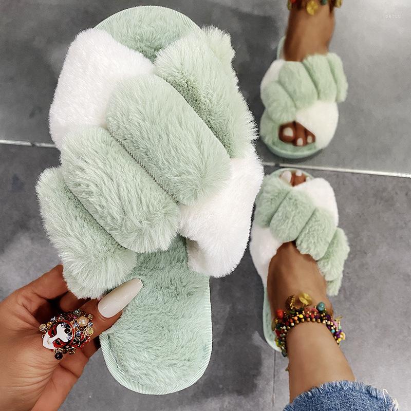 

Slippers Women's Autumn Winter Indoor Household Cotton Fashion Mixed Color Cross Open Toe Flat Shoes Chinelo Nuvem, Green