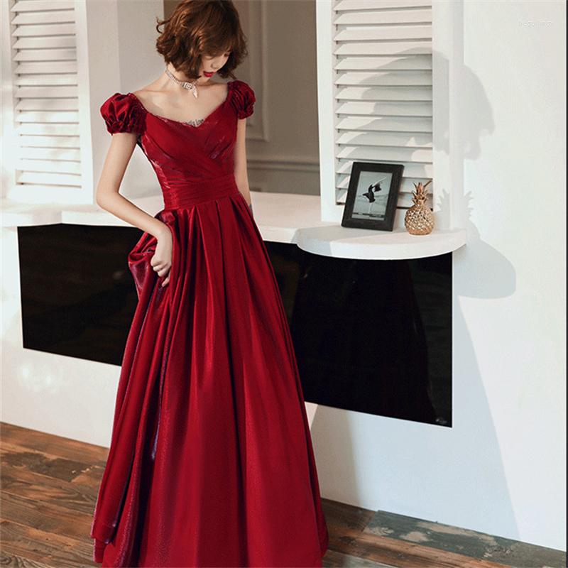 

Ethnic Clothing Burgundy Sexy Satin Backless Lacing Up Formal Party Dress Lady Short Sleeve A-line Evening Bride Toast Size