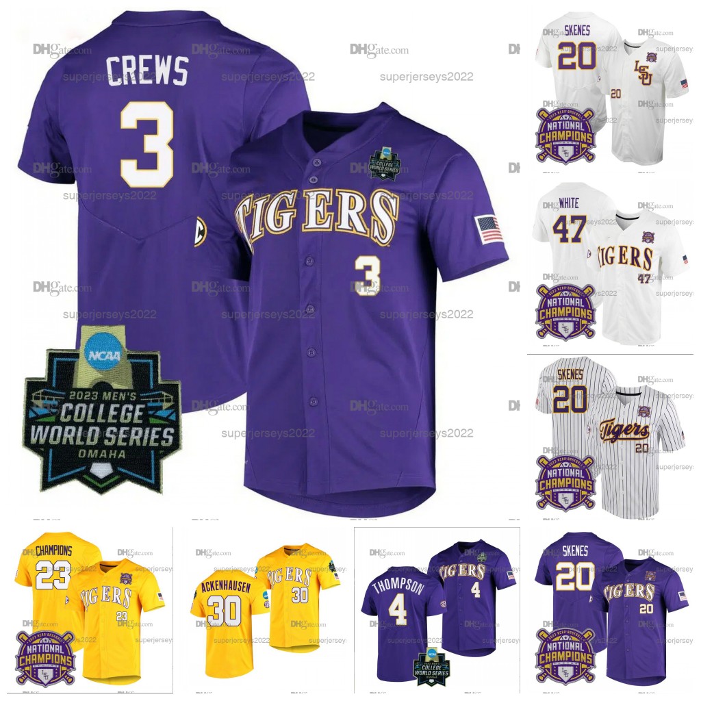 

20 Poul Skenes LSU Tigers 2023 Baseball College World Series Champions Jersey 3 Dylan Crews 47 White Tre Morgan Thompson Ty Floyd Brayden Jobert Josh Pearson, White 3