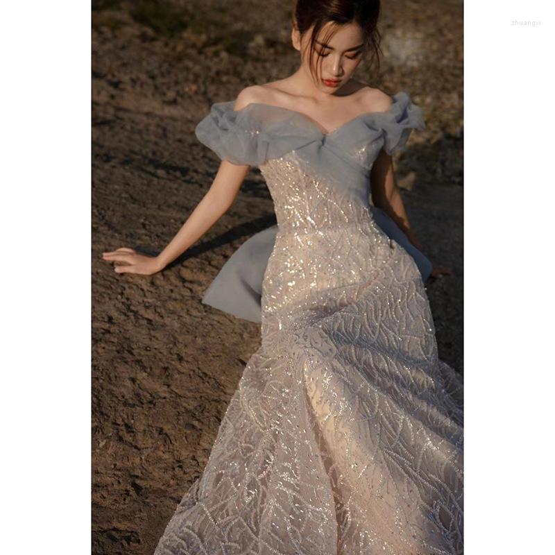 

Ethnic Clothing Woman French Off Shoulder Evening Dresses Elegant Exquisite Sequins Long Floor-length Formal Party Dress Toast