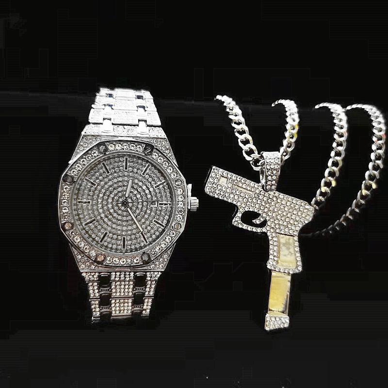 

Wristwatches Iced Out Watch With Necklace For Men Luxury Diamond Gold Bling Hip Hop Handgun Shooter Pendant Chains Fashion Jewelry, 8dian sliver 2pcs