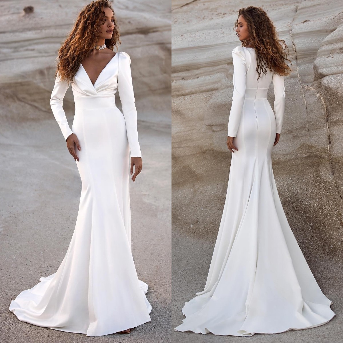 

Milla Nova Mermaid Wedding Dresses V Neck Long Sleeves Wedding Dress sweep train Zipper Back wedding bridal gowns, White