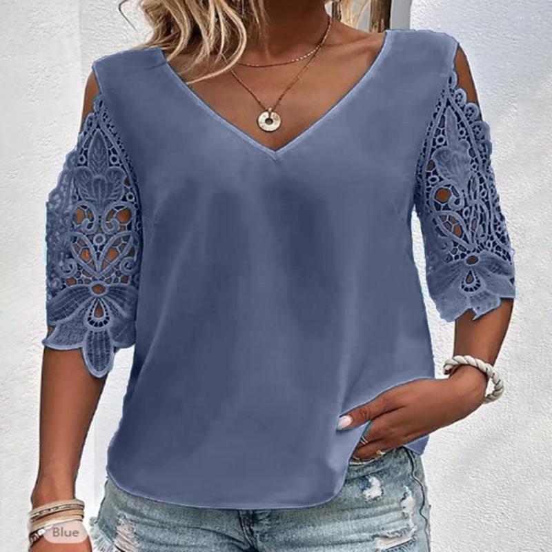 

Women's Blouses V-Neck Cold Shoulder Shirt Top Hollow Lace Stitching Half Sleeve Thin Casual Loose Solid Color Tops Daily Clothing, Sky blue