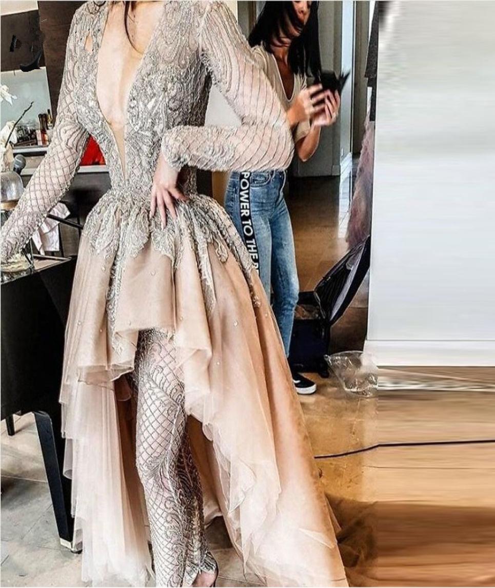 

2020 New Chic Fashion Champagne Lace High Low Prom Dresses Full Sleeves Appliques Beaded Long 2 Pieces Prom Gowns9322245, Gold