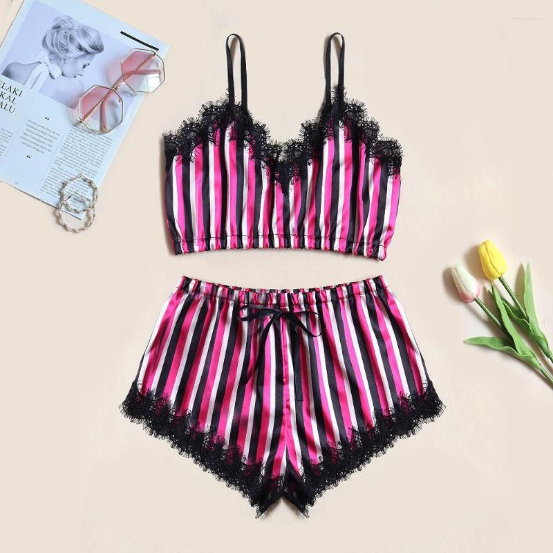 

Women' Sleepwear Two Piece Striped Pajama Set Sexy Lace Top And Shorts Pyjamas Spaghetti Strap High Elastic Pijama Nightie Home Clothes, Black
