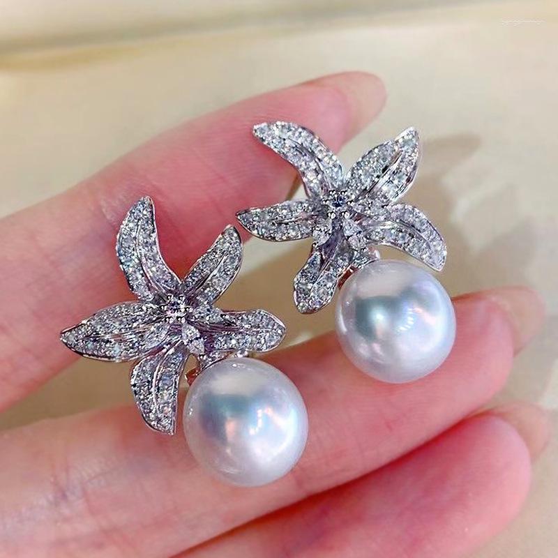 

Dangle Earrings Korean Sterling Silver Pearl For Women Big Flower Drop Pendientes Year Gift Fashion Ear Jewelry
