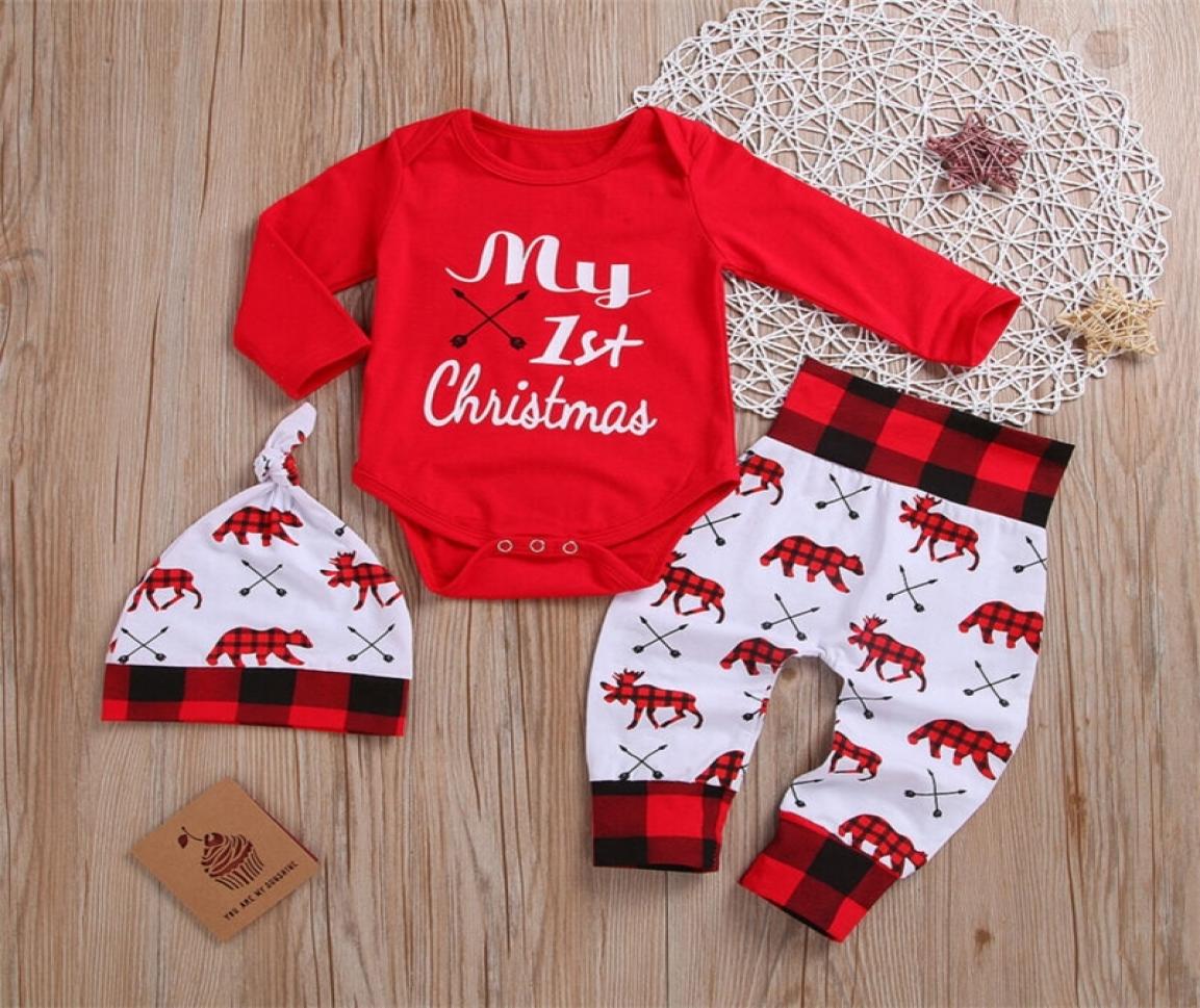 

Clothing Sets Lovely Baby Boy My First Christmas Letter Romper Kids TShirts Pant born Hat Outfits Girl Xmas Set Autumn 2PCS 220916686257, Red