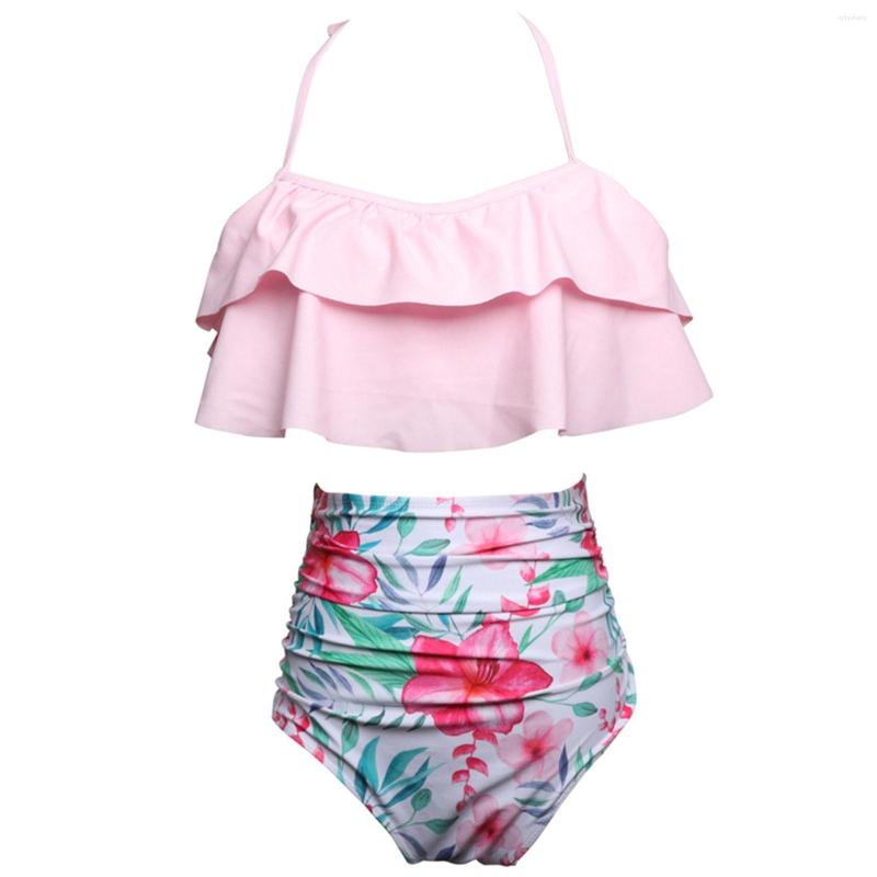 

Women' Swimwear Summer Pink Ruffled Short Top Flower Printing Swimming Trunks Fashion Split Swimsuit Set Longer