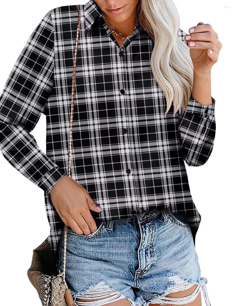 

Women's Blouses Women's V-neck Black Check Print Woman Blouse Casual Long-sleeved Button-up Tops Oversized Loose Fashion Suit Lapel, Hshhf2317116