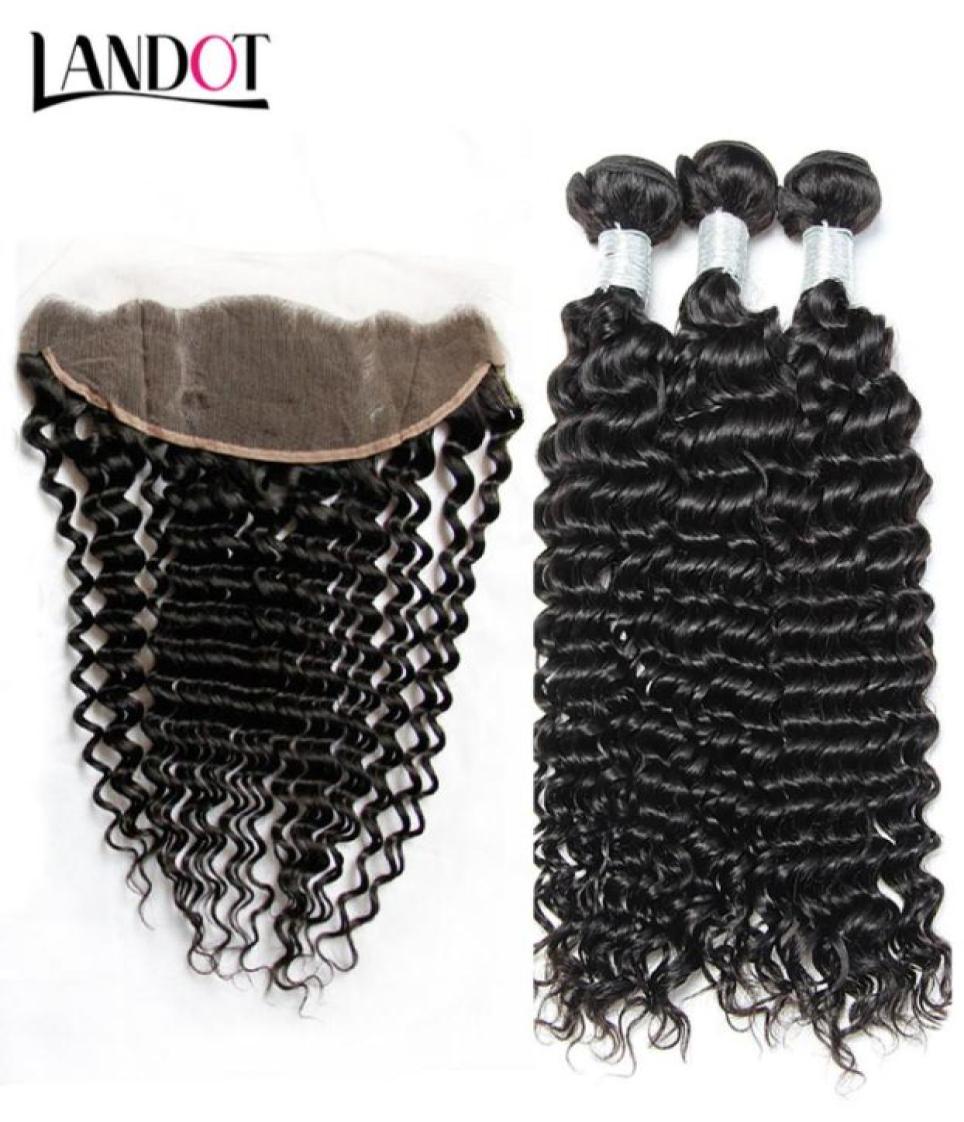 

Lace Frontal Closures with 3 Bundles Brazilian Curly Virgin Human Hair Weaves Peruvian Malaysian Indian Mongolian Deep Jerry Curl 8008776, Natural color