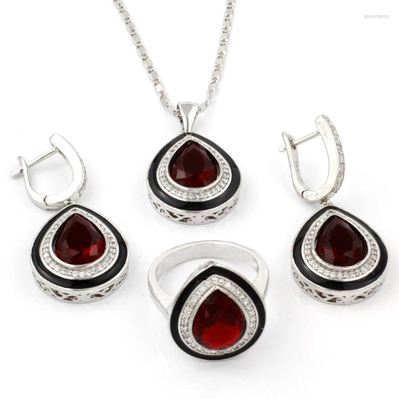 

Necklace Earrings Set Hermosa Womens Fashion Jewelrys Silver Color Ring Size #8 Red Lady GIFT, Picture shown