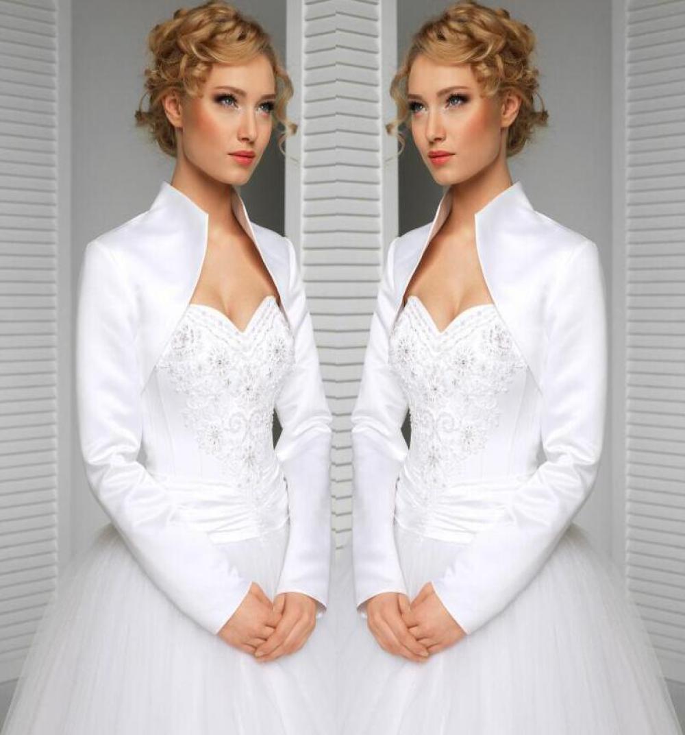 

real custom made size and color wedding jacket satin long sleeves high collar bride accessories bridal bolero shrug wraps sh2528577, White