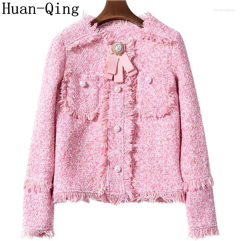 

Women' Jackets Winter Runway Women Tweed Jacket Coat Vintage Luxury Diamond Bow Woolen Short Tassels Pearl Pocket Pink Casaco Coats, Gray