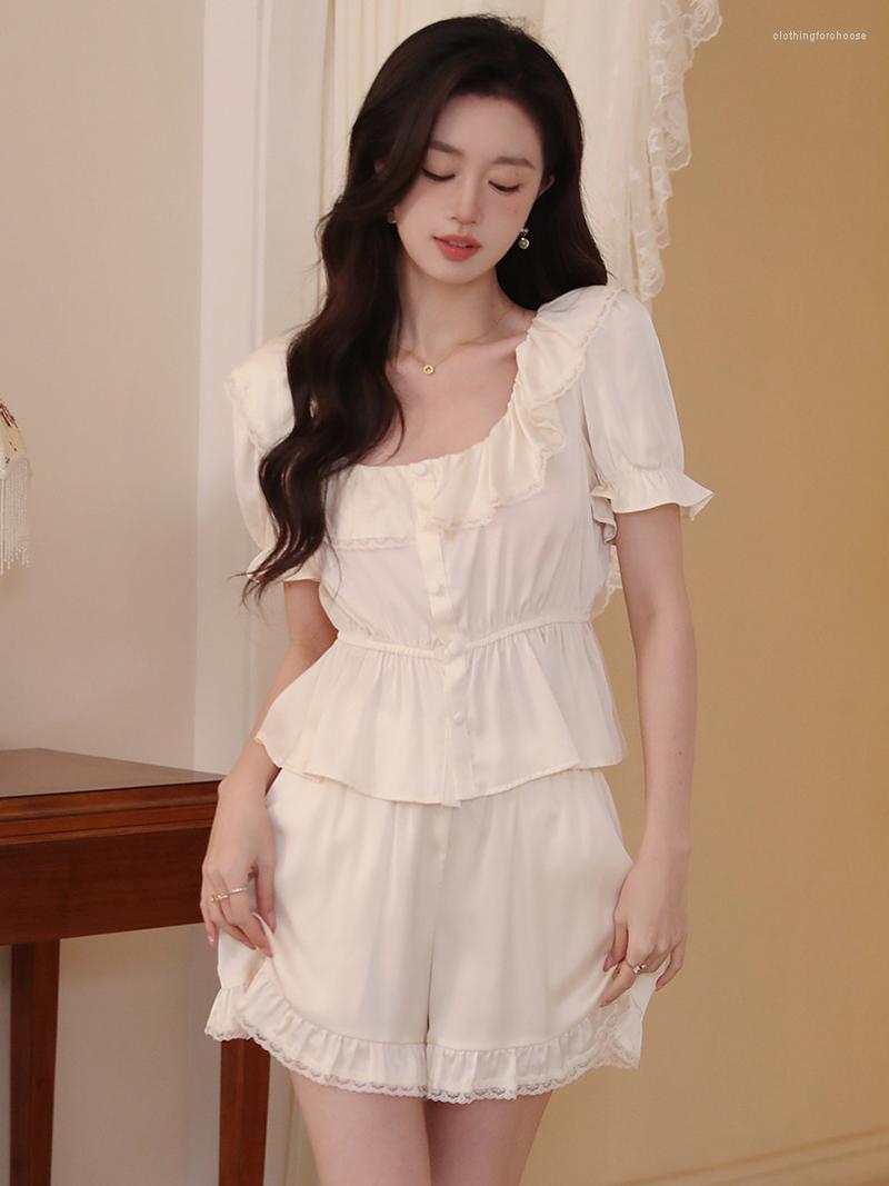 

Women' Sleepwear Women Summer Korean Ruffles Silk Pajamas Sweet French Romantic Short Sleeve Two Piece Suit Princess Pajama Loungewear, Cream apricot