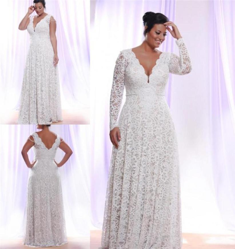 

Cheap Full Lace Plus Size Wedding Dresses With Removable Long Sleeves Deep v Neck Bridal Gowns Floor Length Wedding Dress Customiz3261406, Ivory