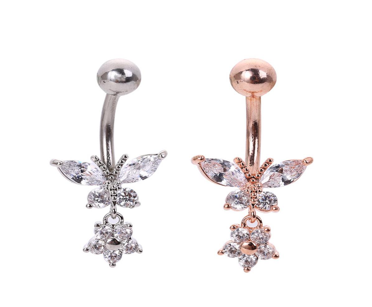 

2020 Women Rose GoldSilver Color Piercing Navel Belly Button Body Jewelry Crystal Zircon Rhinestones Butterfly Body Ring Jewelry2266986