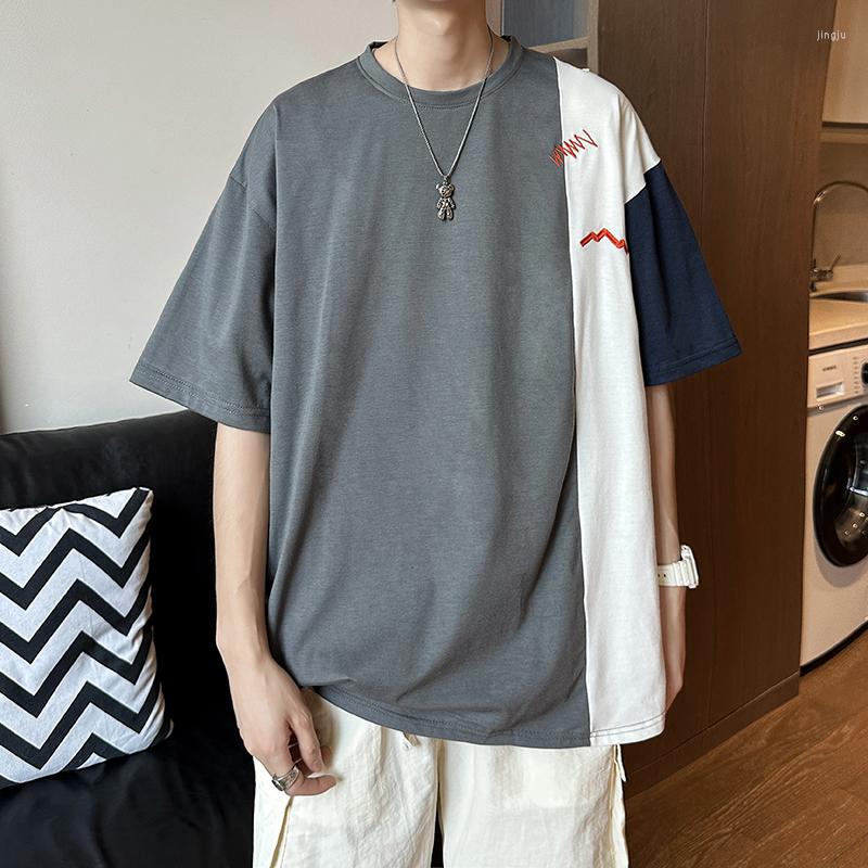 

Men's T Shirts Fashion Contrast Color Stitching Short-sleeved T-shirt Men's Loose Casual Half-sleeved Top Summer O-neck Embroidery, Gray