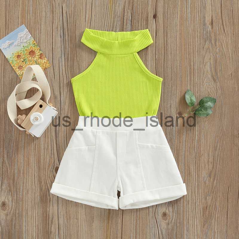 

T-shirts Two Piece Girls Summer Clothes Fashion Solid Color Round Neck Vest and Pockets Short Pants Set x0628, Red