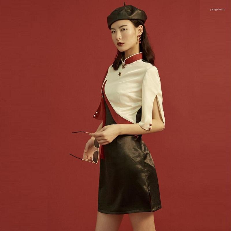 

Ethnic Clothing Modern Chinese Cheongsam Qipao Women Shanghai Tang Casual Stain Short Dress Retro Robe Vintage Femme 2023 Summer Dresses