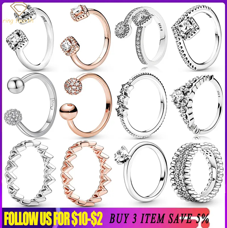 

925 Silver Women Fit Pandora Rings Original Heart Crown Fashion Ring Rose Gold Ring Fairy Tale Tiara Wishbone Star Open