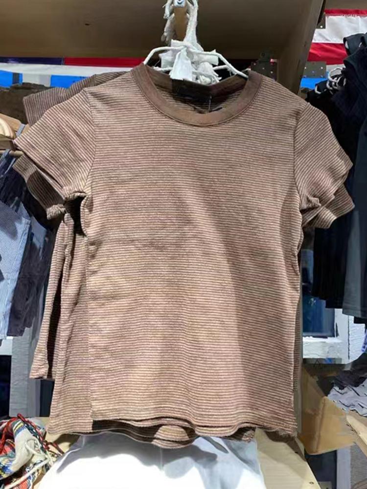 

Women's T Shirts Vintage Classic Striped Slim T-shirts Women Summer Brown O Neck Patchwork Short Sleeve Crop Top Fashion Casual Cotton Y2k