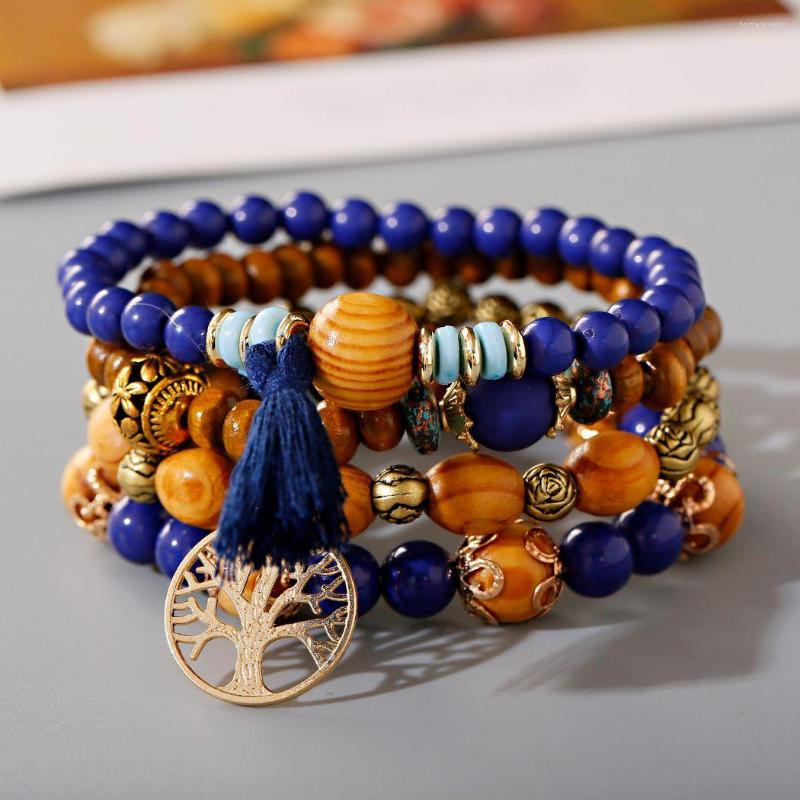 

Strand 4Pcs/Set Bohemian Tree Of Life Charm Bracelet Sets For Women Wood Beaded Tassel Wristband Pulseras Feminina