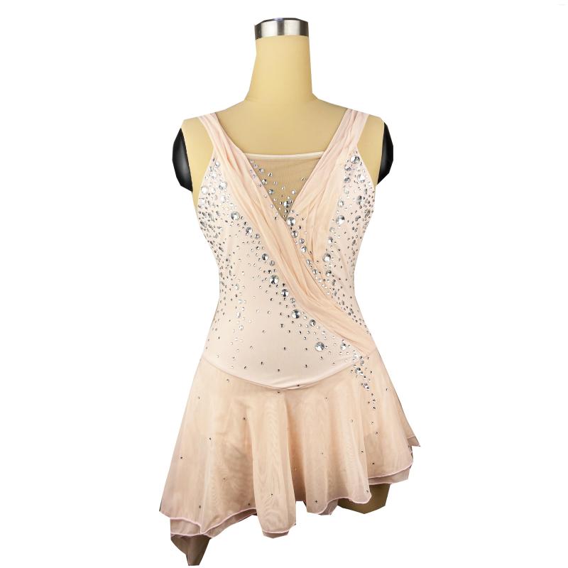 

Stage Wear Pink Figure Skating Dress Sleeved Ice Skirt Spandex, Picture shown