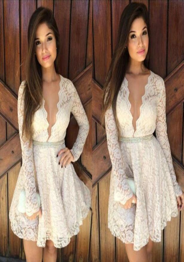

Fashion 2015 lace Cocktail Dresses VNeck Long Sleeves White Lace ALine Short Mini short party dresses prom dresses Christmas 2013574976