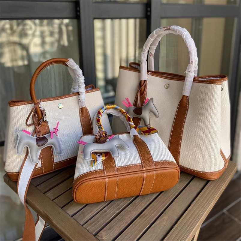 

Totes 7a H ermess Garden Party Handbag Genuine Leather New Fashion Color Contrast Commuter Simple Large Capacity Wide Shoulder Belt Shoulder Handbagqq with H logo qq, Khaki medium