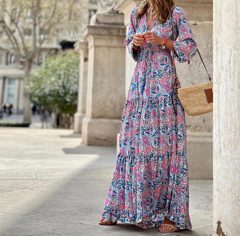 

Casual Dresses Elegant Waist Tied Long Dress For Women Digital Printing Stitching V-Neck Lace Up Wood Ear Edge Large Swing Typ