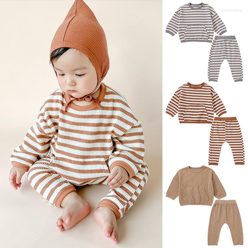 

Clothing Sets Baby Autumn Sweater Toddler Striped Pocket Waffle Long Sleeve Pants Set Girls Boys Outfit Boy Clothes, Y3