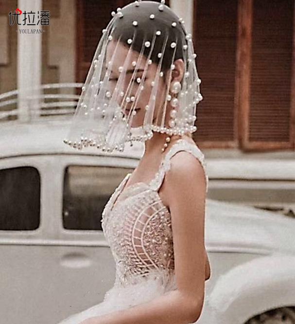 

Stylish Pearls Tulle Bridal Veils Cover Face Short Women Headwear Blusher Veils Luxury Hair Accessories Jewelry For Wedding Party 1493060, White
