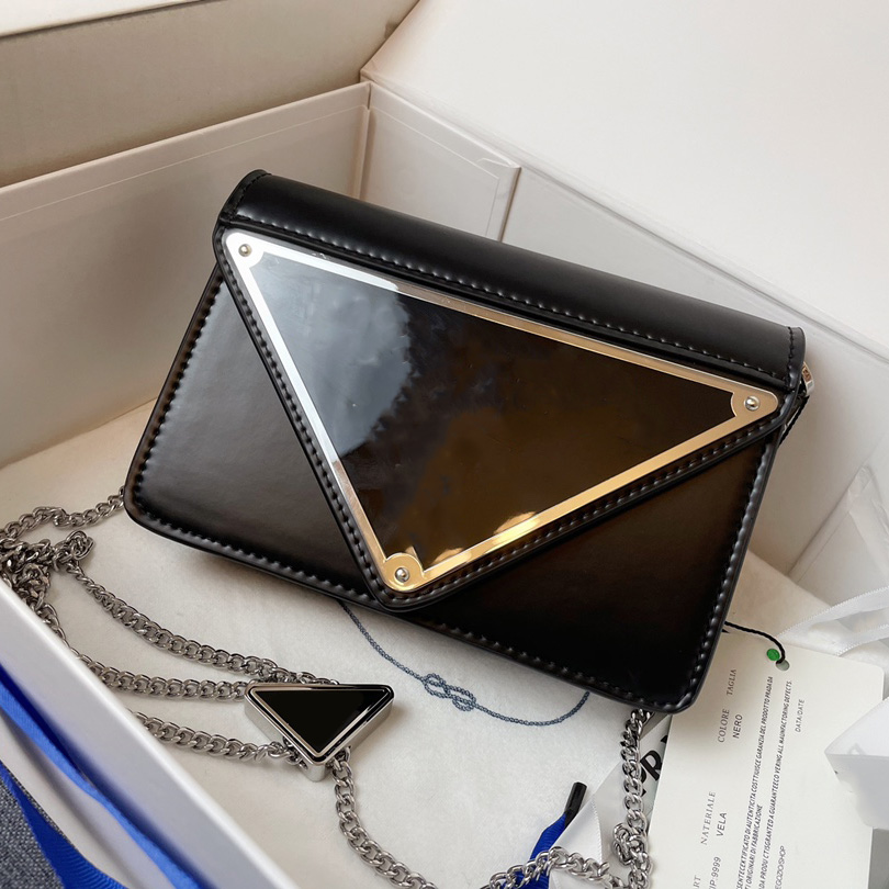 

Designer Brushed Leather Shoulder Bag Big Triangle Logo Chain bag Genuine Leather Crossbody Cowhide Messenger bag, Black