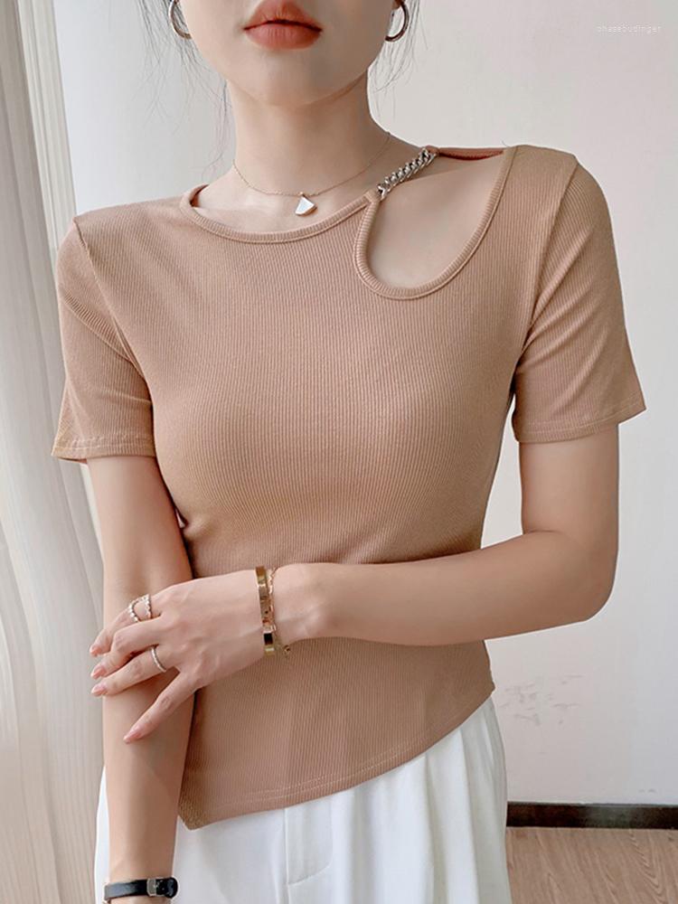 

Women' T Shirts 2023 Short Sleeve T-shirt Summer Chain Hollow Top, Black