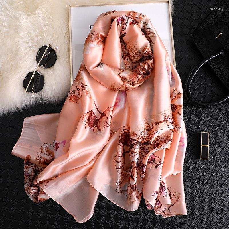 

Scarves Women Imitation Silk Scarf Magnolia Flower Print Shawls Office Lady Soft Wraps Female Headscarf Beach Towel Gift 90x180cm
