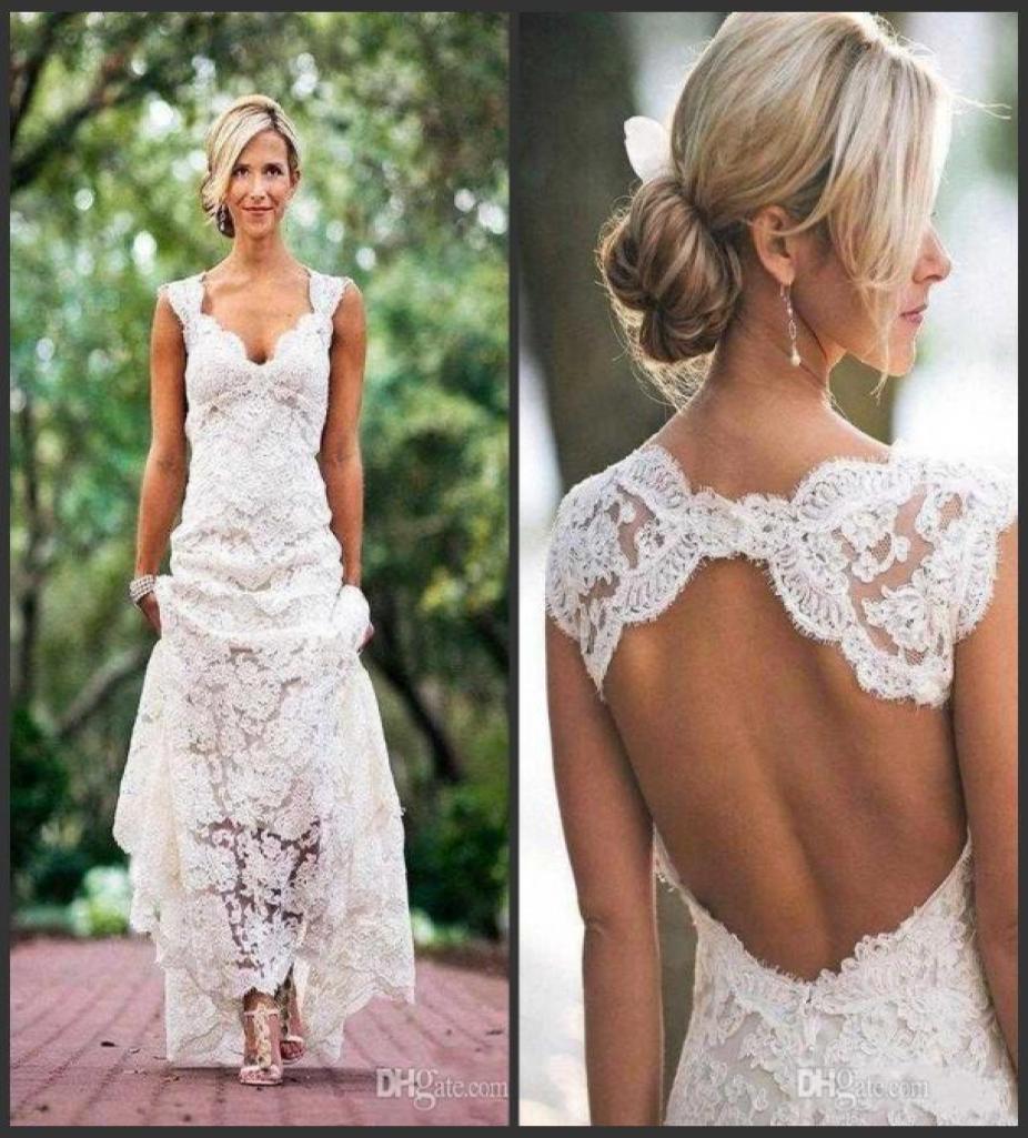 

2018 New Chic Rustic Full Lace Wedding Dresses Cheap V Neck Open Back Sweep Train Boho Garden Bridal Gown Custom Made Country Styl2779903, Pink